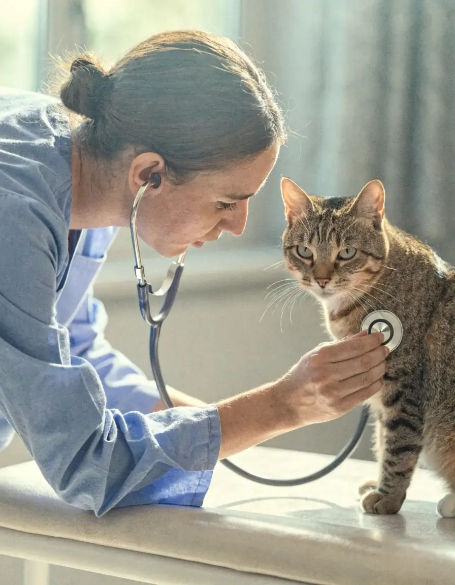 Veterinario auscultando el corazón de un gato durante un chequeo