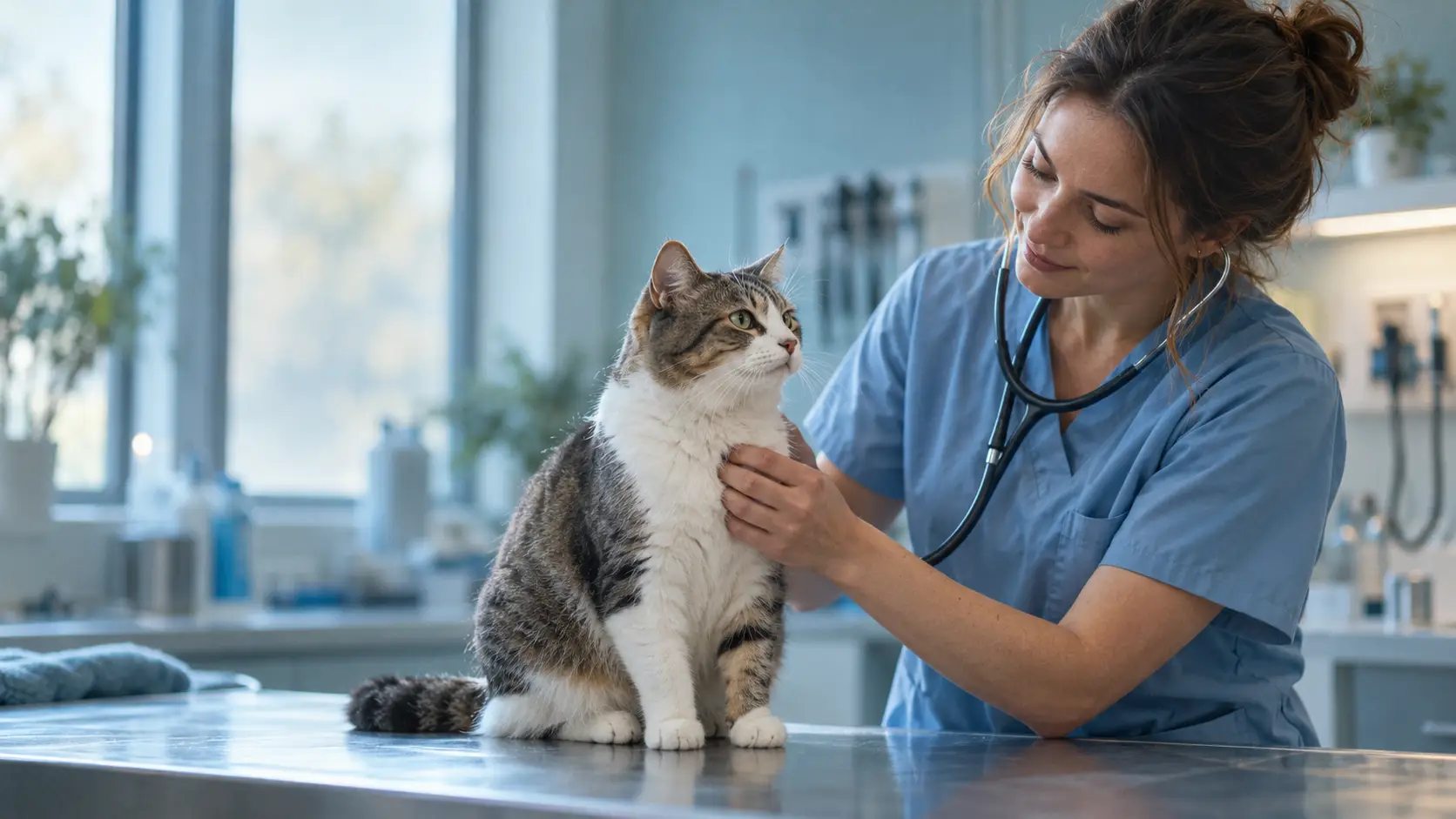Veterinaria revisando a un gato antes de vacunarlo en consulta